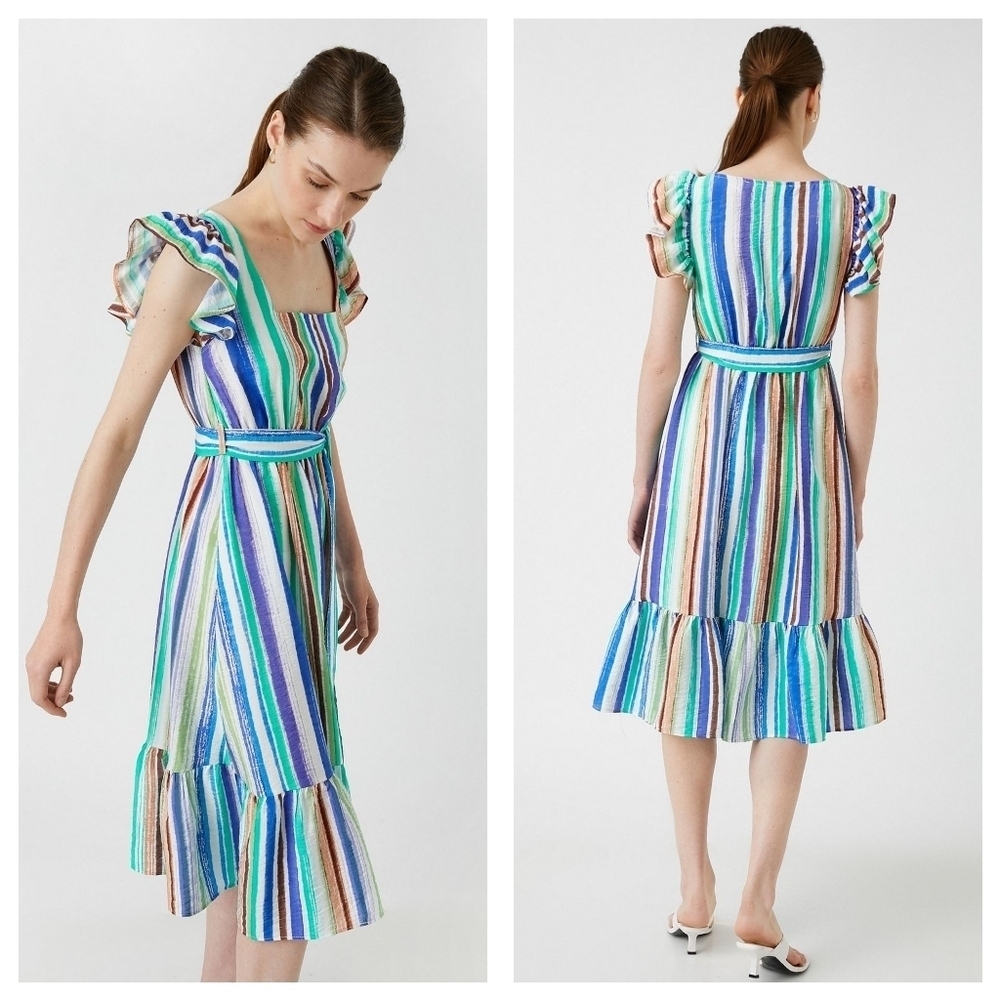 KOTON Midi Dress Sz 8 Green Purple Stripe Flutter Sleeve Peasant Nautical Beachy